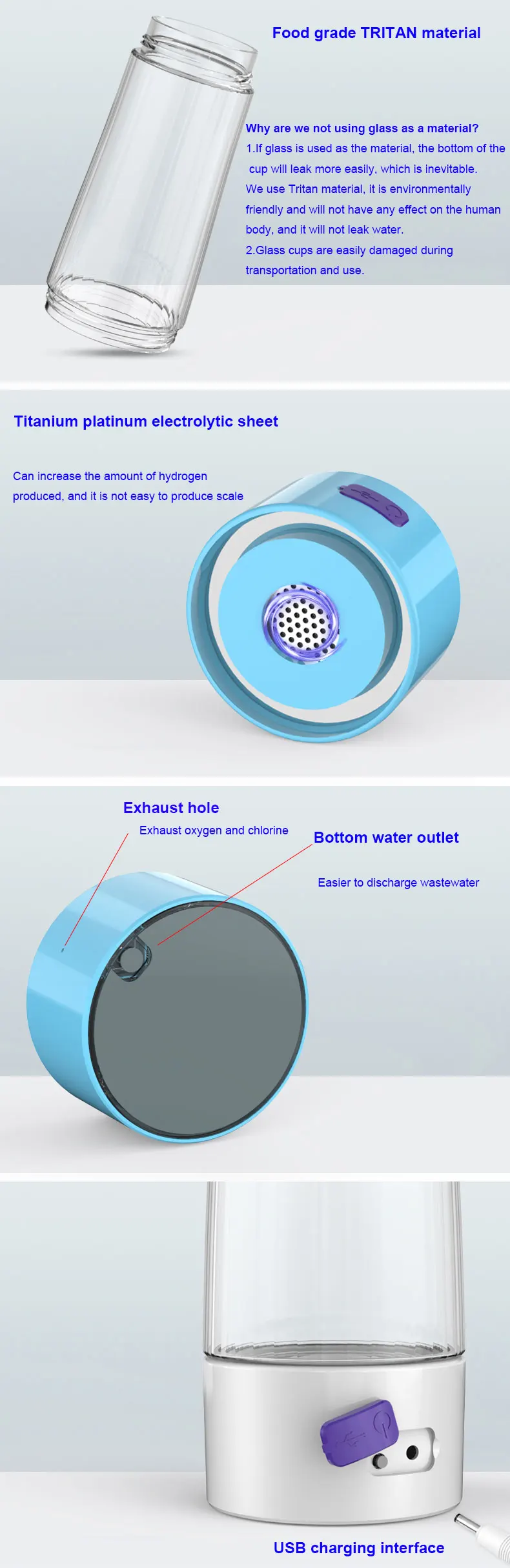 Rich Hydrogen Cup Water Generator SPE Electrolysis Energy Hydrogen-rich Antioxidant ORP H2 Water Ionizer Bottle with drain hole