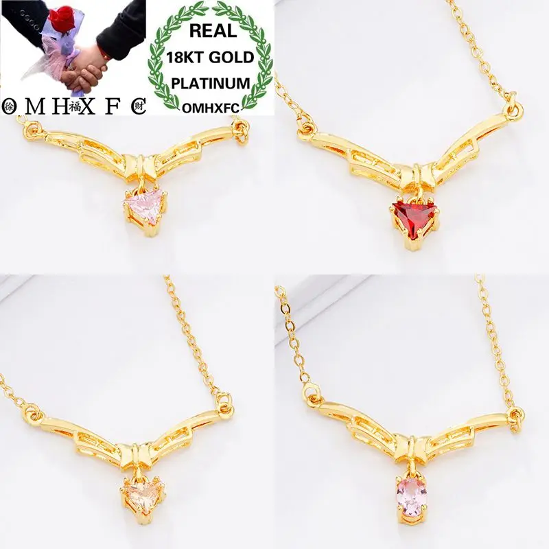 

MHXFC Wholesale European Fashion Female Party Wedding Gift Pink Red Black Triangle Zircon Real 18KT Gold Pendant Necklace NL156