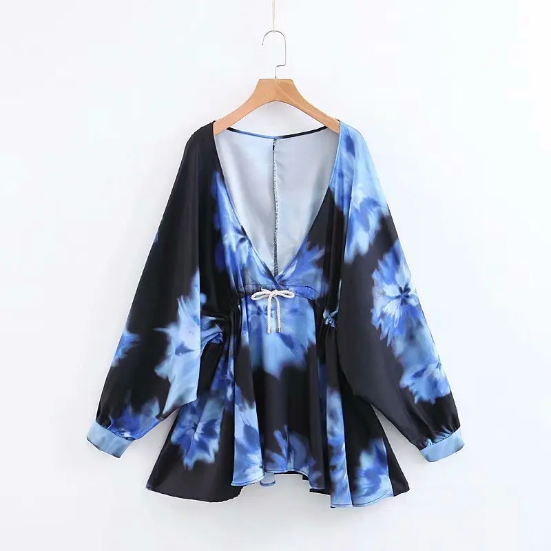 New arrival XZ55-1956 European and American fashion tie-dye printing v-neck blouse | Женская одежда