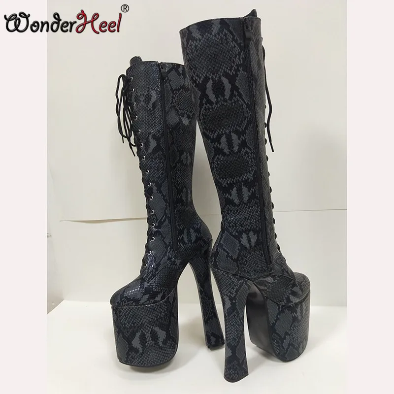 Wonderheel/женские сапоги до колена на очень высоком массивном каблуке 20 см на платформе со шнуровкой; пикантные женские сапоги для костюмированной вечеринки для ночного клуба