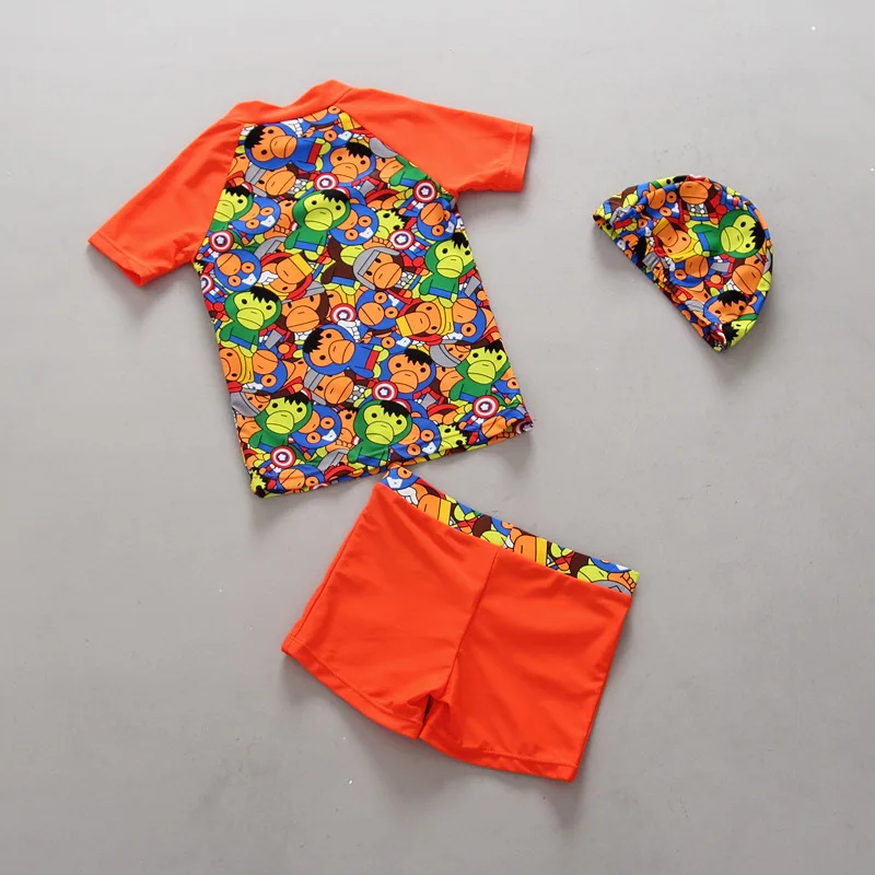 Swimsuit For Boys Summer Two-Pieces Beach Bathing Suit With Cap Cute Cartoon Monkey pattern Kids seaside Swimwear | Спорт и