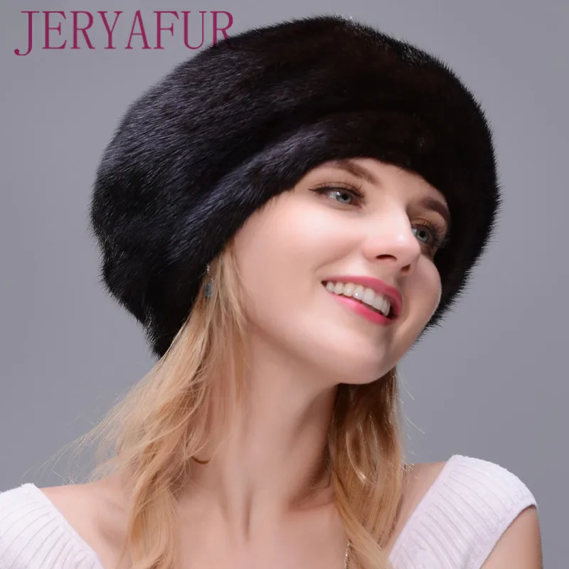 JERYAFUR 2018 Russian hat winter woman fur style cloak real mink Black women's protective ear | Аксессуары для одежды