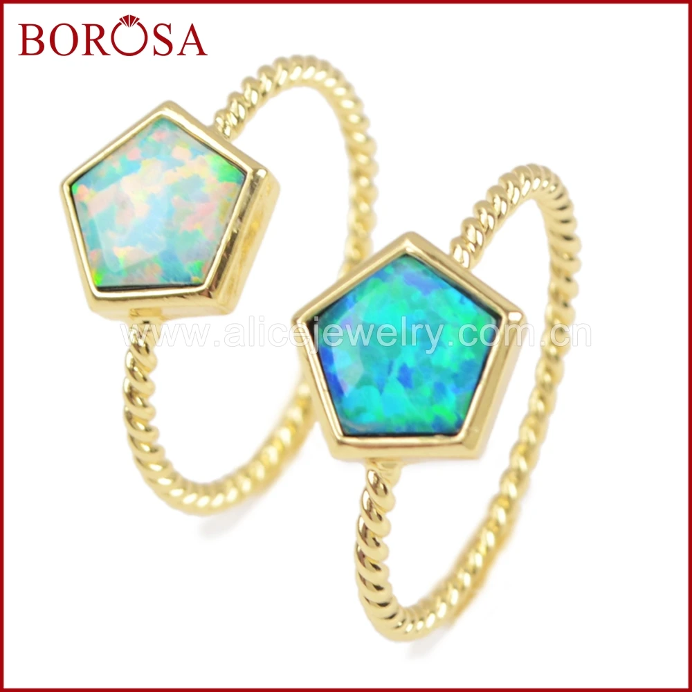 

BOROSA 10PCS Gems Gold Bezel 7x7mm Pentagon Japanese Opal Gems Rings White/Blue Man-made Opal Ring for Women Jewelry ZG0242