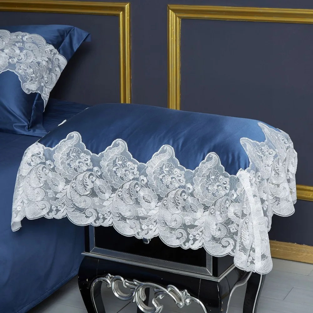 Luxury Solid Blue 120S Egyptian cotton Bedding set Queen King Noble Lace Royal Duvet cover Bed sheet Pillowcase 4/6pc Europe | Дом и сад