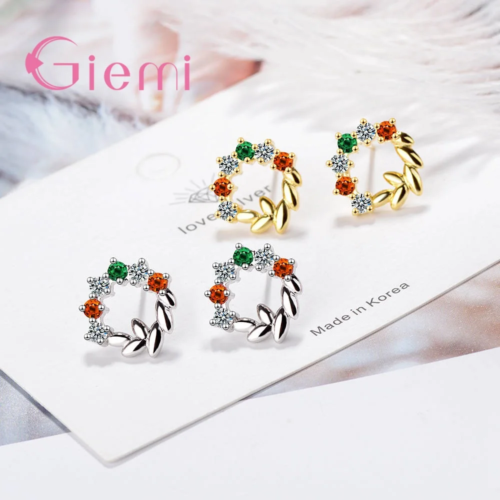 

Блестящие цветные серьги-гвоздики с чешским камнем из стерлингового серебра 925 пробы, венок, ювелирные изделия для женщин, милый модный пода...