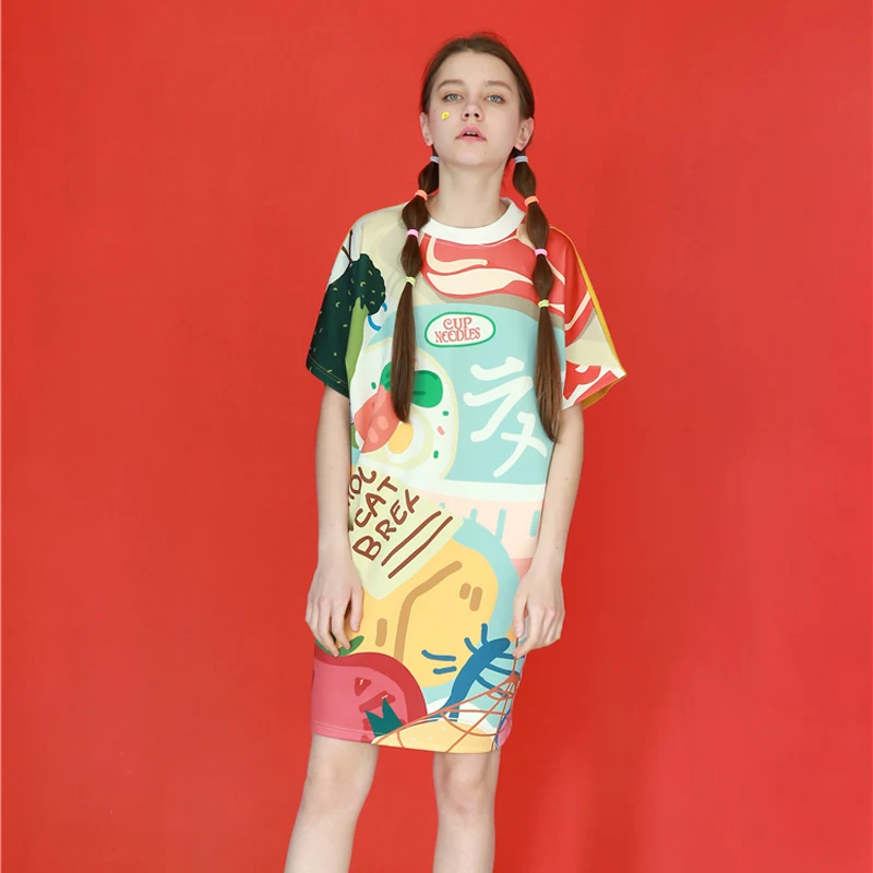 2018 Fashion Women Summer Dress Loose O Neck Short Sleeve Playful Pattern Printed Splicing Cotton Ladies Dresses | Женская одежда