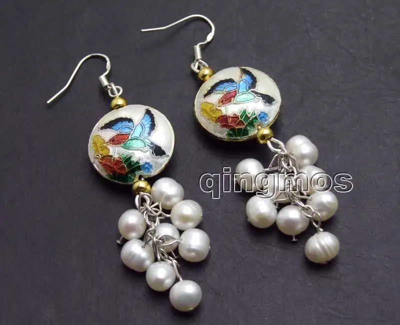 

Qingmos Beautiful 6-7mm White Natural Pearl With 18mm White Round Cloisonne Dangle 2.5'' earring-ear588 wholesale/retail