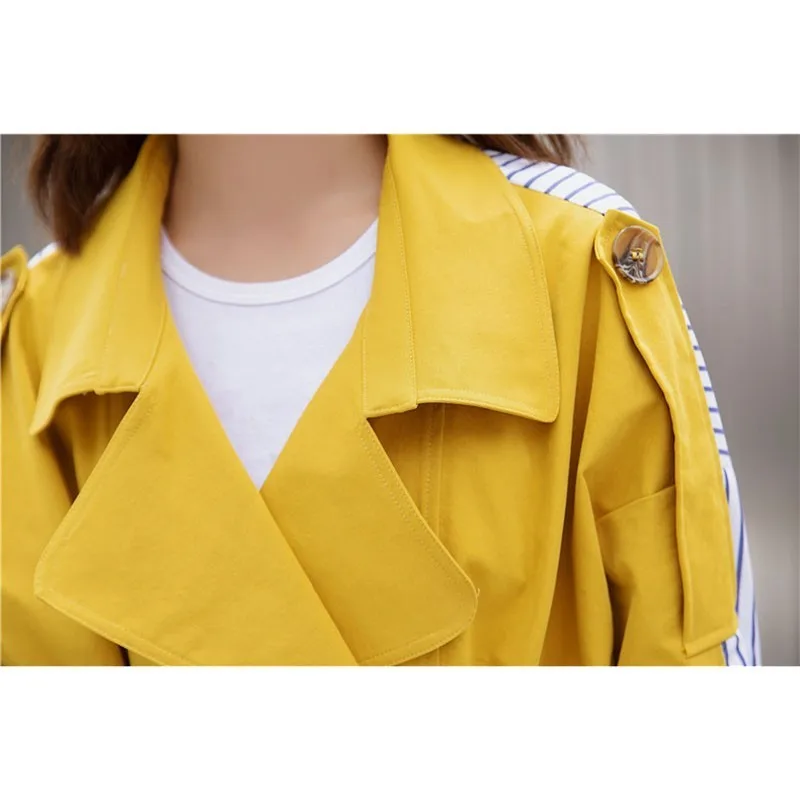 2020 New fashion Spring Autumn Streetwear Windbreaker Female Long Coat Striped Stitching Yellow Casual Trench Mujer FY23 | Женская