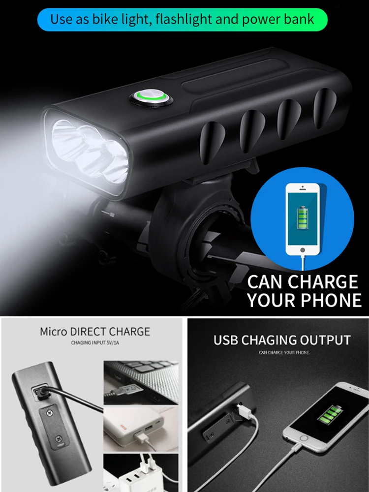 T6 светодиодные фонари для велосипеда USB Перезаряжаемые Водонепроницаемый Встроенный 5200 мА/ч, Батарея 3 режима с Мощность с фонариком и велосипедные фары