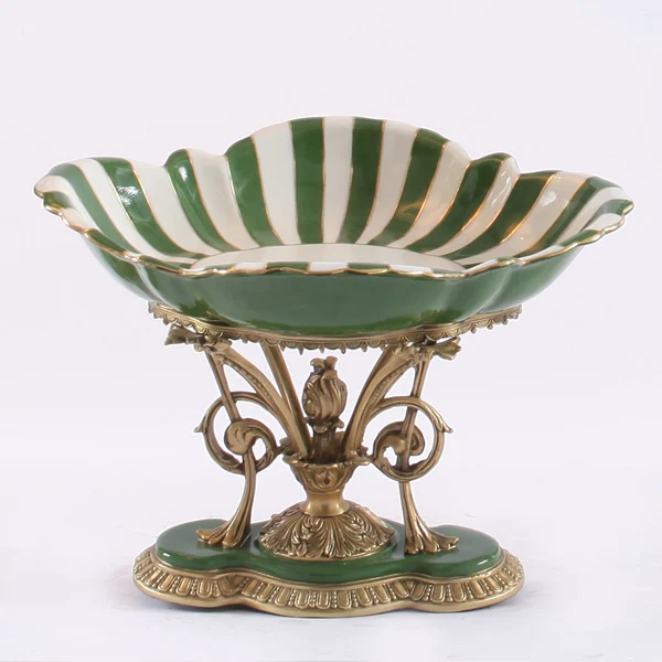 big mouth Green and white color porcelain compote antique imitation golden copper engraving cart design bowl | Дом и сад