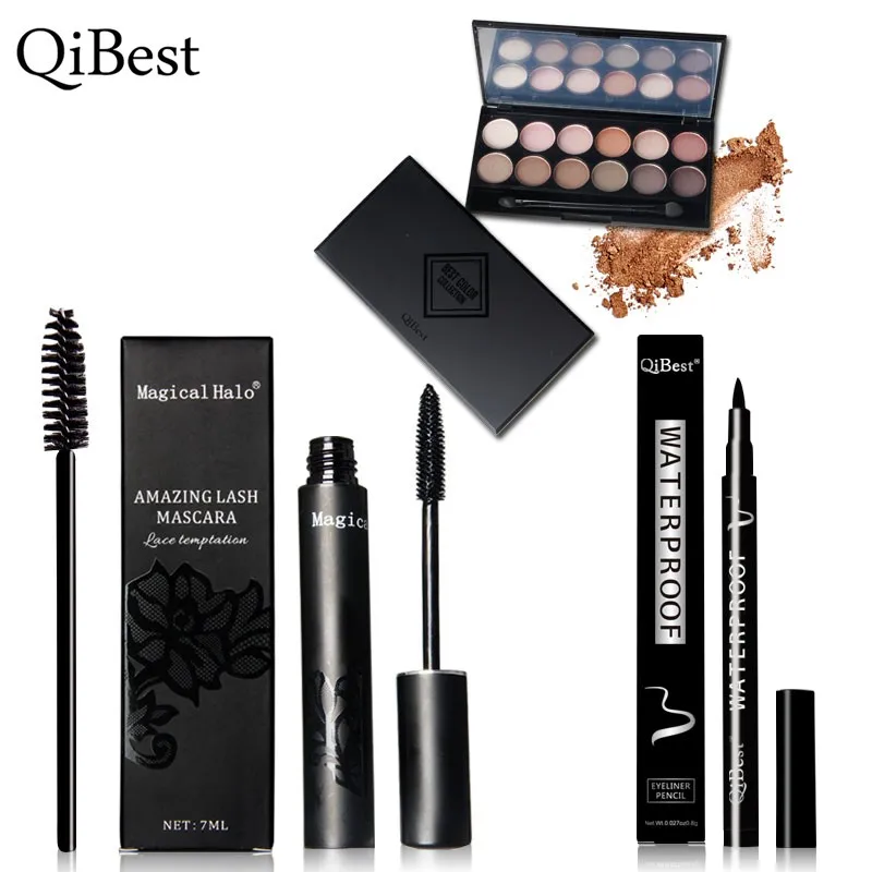 QiBest тушь для ресниц + подводка глаз 12 цветов Тени век Кисть макияжа косметика