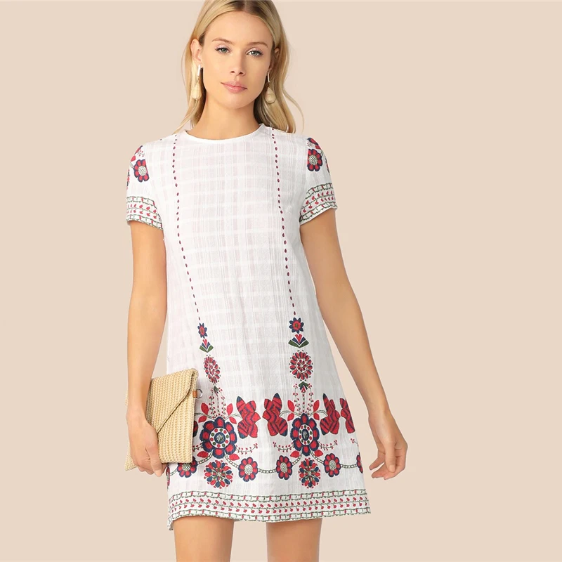 SHEIN богемное белое с цветочным принтом текстурированная туника летнее платье женское с круглым вырезом на молнии сзади прямые короткие элегантные платья
