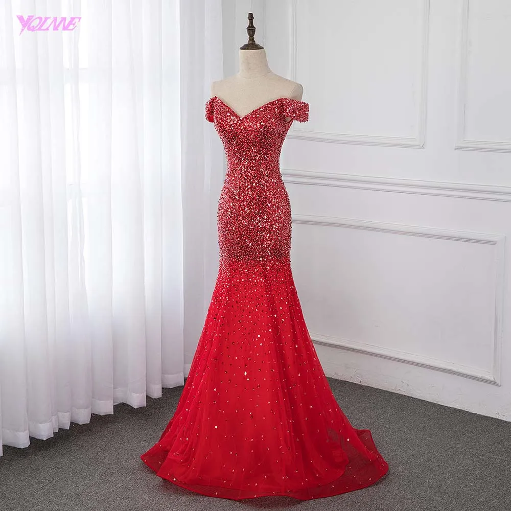 Off Shoulder Red Mermaid Evening Dress 2019 Formal Dresses Gown Competition Robe de Soiree Sequin Beading Tulle YQLNNE | Свадьбы и