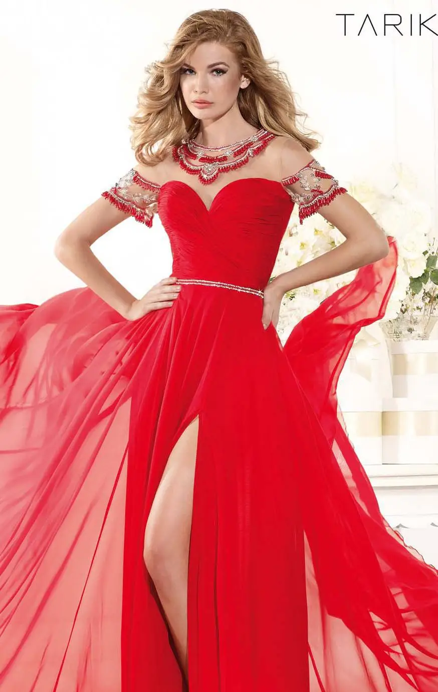 2014 Vestidos A-line High Collar Cap Sleeves Court Train Red Chiffon Beaded Long Party Elegant Evening Dresses Prom Gown | Свадьбы и