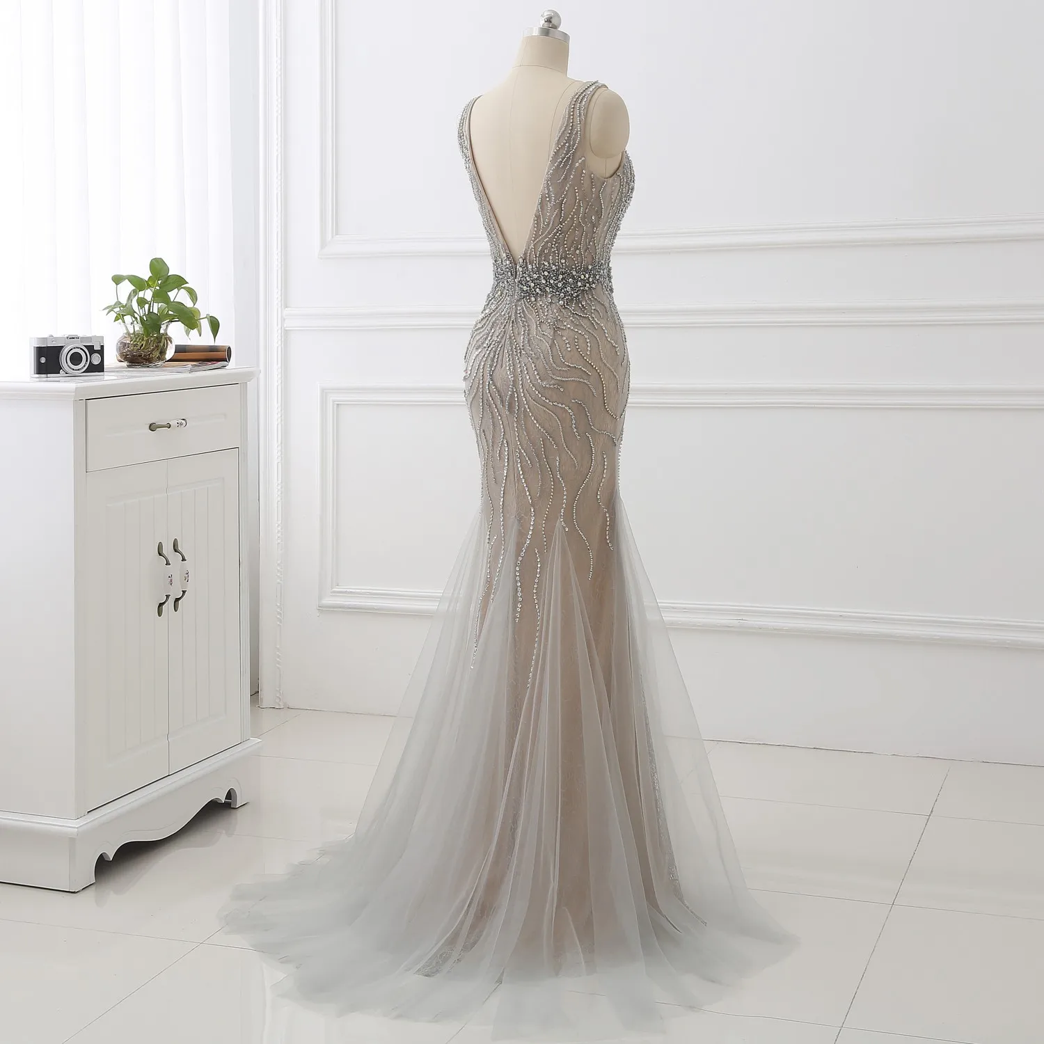 Erosebridal Русалка вечернее платье длинное светильник серый бисером роскошное длинное торжественное платье со шлейфом открытая спина