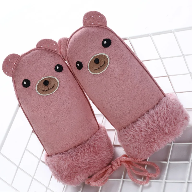 Детские перчатки с милым медведем зимние кожаные варежки веревкой длинные
