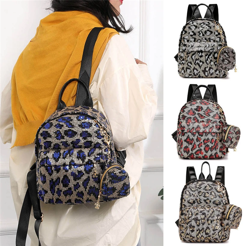 Aelicy Satchel Women Leopard Print Sequin Fashion Small Backpacks Lady Travel Zipper Shoulder Backpack + Clutch Bag 2pcs | Багаж и сумки