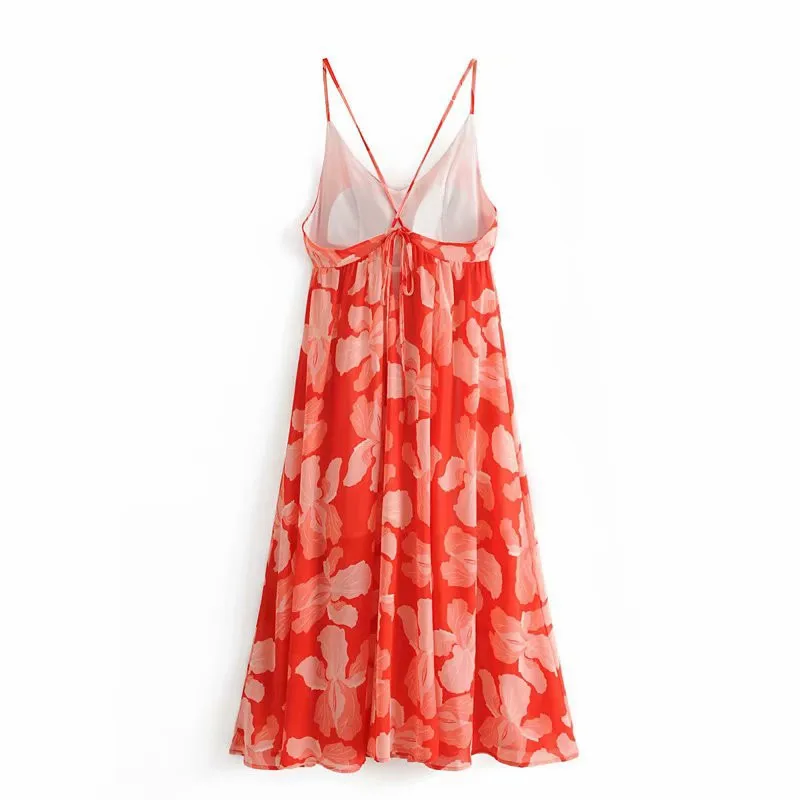 Boho Summer New Women's Fashion Chest Pad Flower Print Backless Lace Up Spaghetti Strap Sexy Holiday Maxi Dress L