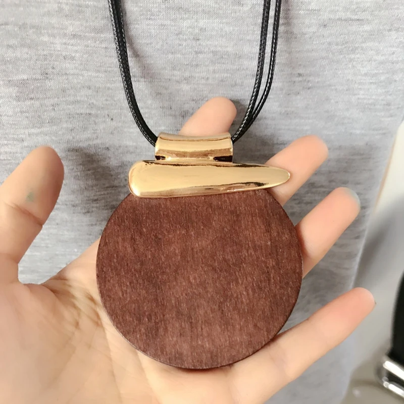 Двойная Черная веревка Круглый свитер деревянная подвеска для ожерелья