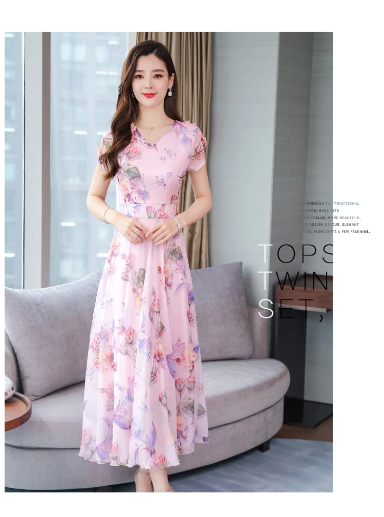 Винтажное пляжное платье средней длины размера плюс с принтом, летнее Шифоновое Платье макси с цветочным принтом, женское облегающее платье, элегантные вечерние платья