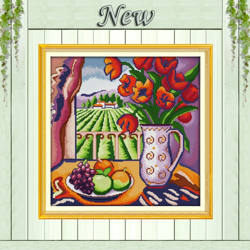 

The window view flowers vase & fruit counted print on canvas DMC Sets 11CT 14CT diy needlework embroidery cross-stitching kits
