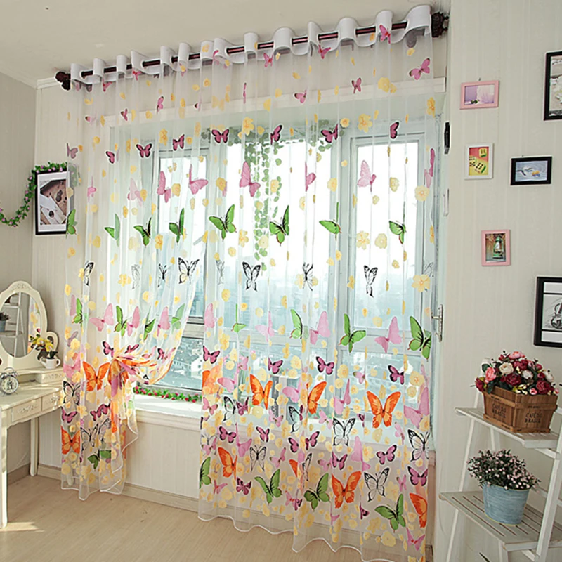 YokiSTG Colorful Butterfly Tulle on Windows Voile Sheer Curtains for Kitchen Living Room Bedroom Window Screening Drapes