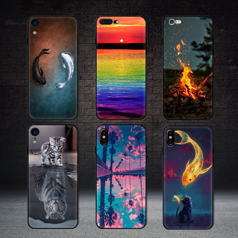 Чехол для iPhone xs max матовый натуральный пейзаж чехол 5 5S SE 7 8 6 6S plus xr Taiji Fish Rainbow river Fire