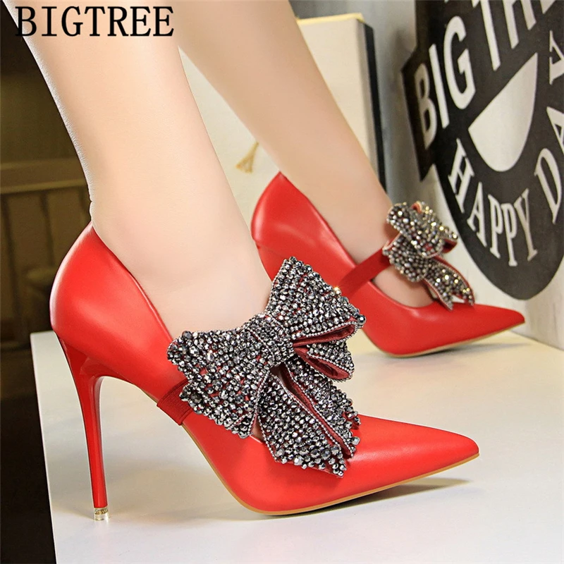 Женские свадебные туфли стразы на высоком каблуке-шпильке с бантом-бабочкой и