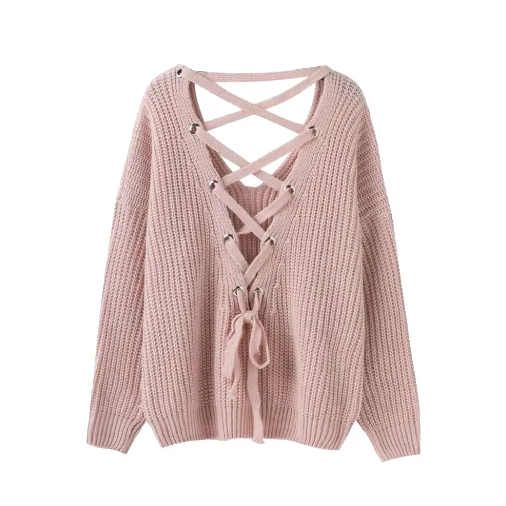 V-образный вырез на спине крест повязку пикантные Свитера Лук Lace-up Pullover Для женщин