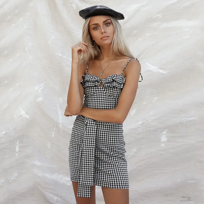 Plaid Spghetti Strap Sexy Women Dress Vestdiso Sleeveless Bow Belt Bodycon Beach Casual Party Dresses 2019 Summer | Женская одежда