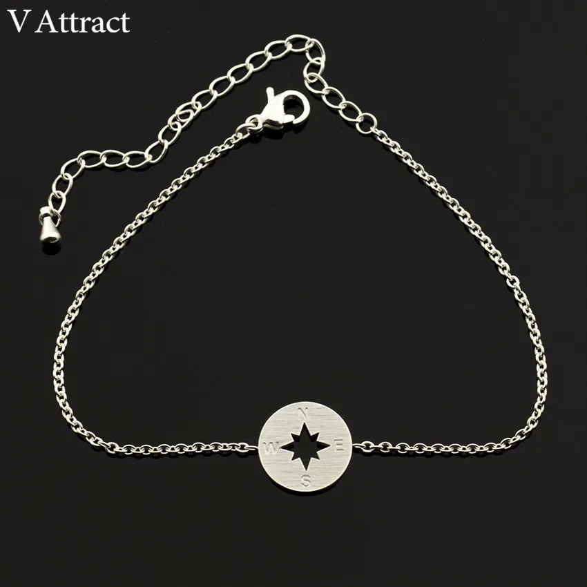 V Attract Vintage Compass Charm Bracelet Gold Silver Stainless Steel Chain Simple Geometric Round Pulseira Women Men Jewelry - Окраска металла: Посеребренный