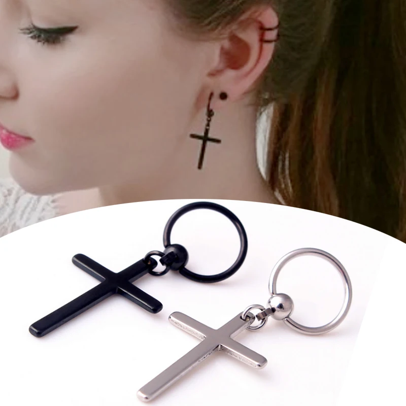 

Fashion Graceful Allergy Free Silvery Black Stainless Steel Punk Rock Captive Bead Circle Round Cross Earring Accessories 1Pair