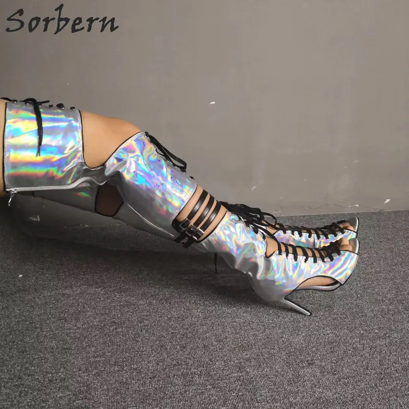 Женские голографические ботинки на шнурках Sorbern серебристые летние сапоги до