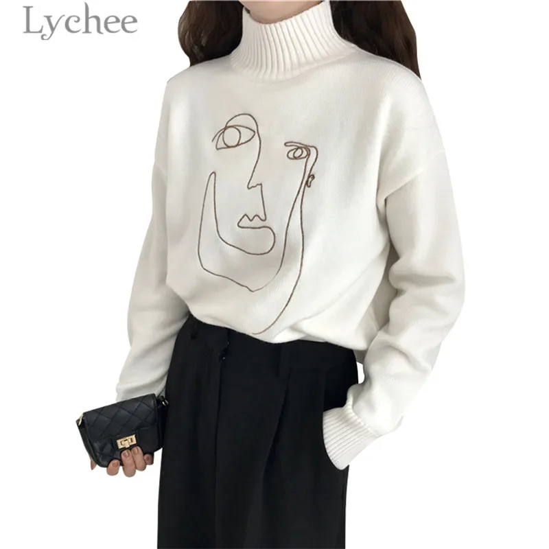 Женский свитер с геометрической вышивкой Lychee осенне-зимний мягкий пуловер