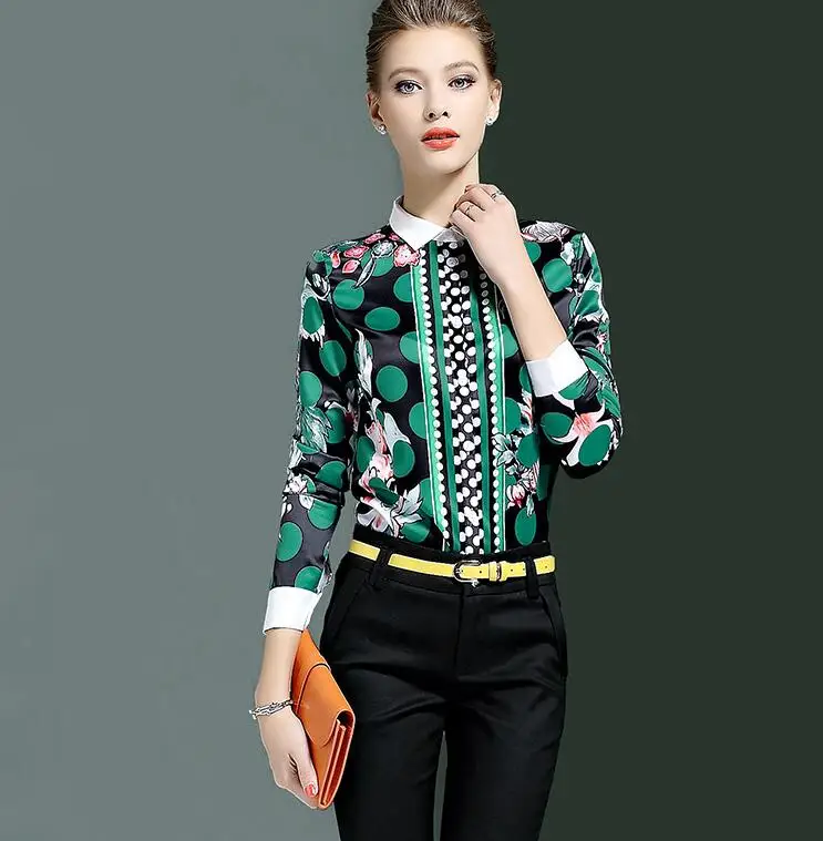 

High quality! Women's Original brand spring summer casual print green shirt female long sleeve OL shirt chic blouse tops TB710