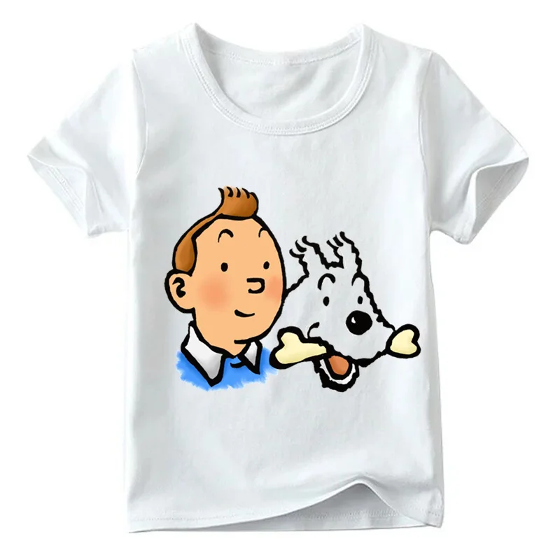 Детская забавная футболка с мультяшным принтом Tintin летние белые топы для