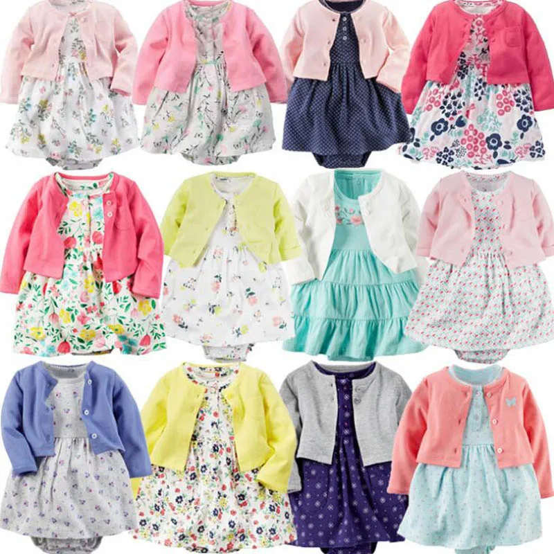 Infant Baby Girls Bodysuit Dress Cotton Floral Baby Girls Long-Sleeved Coat+Short SLeeve Dress 2Pieces Baby Girls Clothes sets