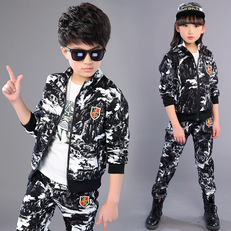 2021 Spring Fall New Children Camouflage Suit Boys Military Uniform Girls Sport Clothes Kids Jacket + Pants 2 Pcs Tracksuit X158 | Детская