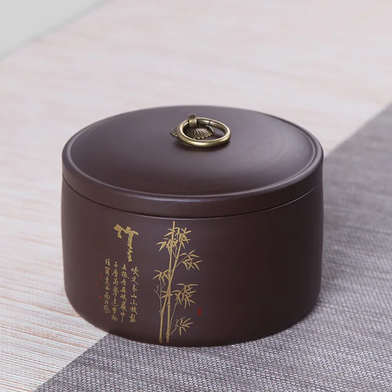 Bamboo Коробка для хранения чая из позолоченной фиолетовой глины, банка для чая 13,2*9,5 см, керамическая банка для конфет, контейнер для хранения еды, кухонная коробка для хранения монет и специй - Color: Bamboo