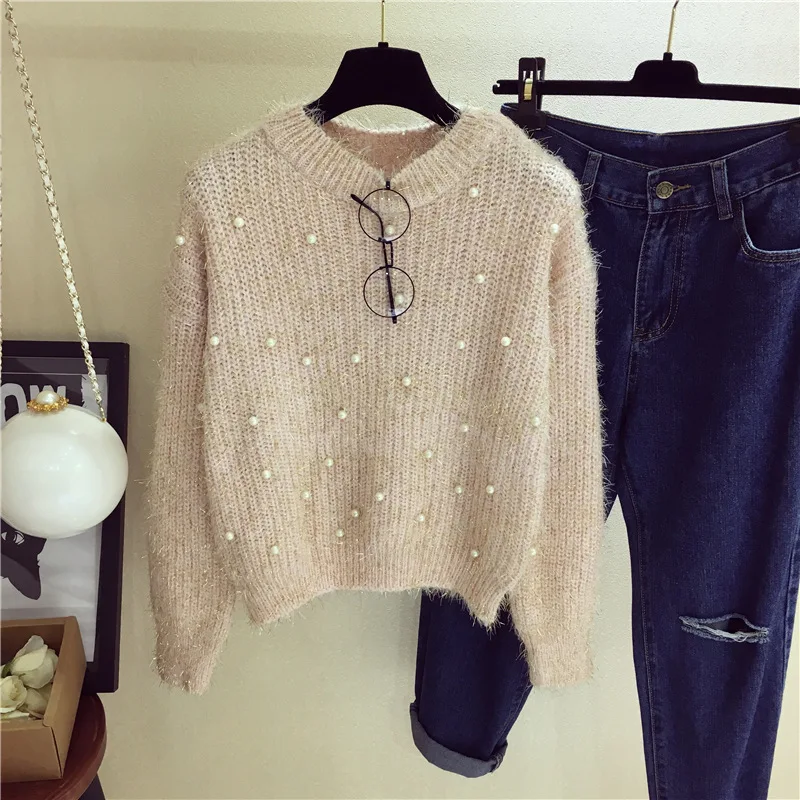 New Pearls Beaded Sweater Mohair Loose Jumper Round Neck Long Sleeve Cute female Beading Knitted Bottoming Shirts Pullovers | Женская