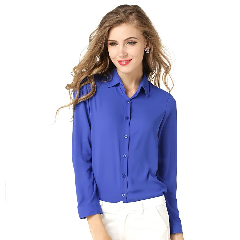 Модные женские туфли шифон рубашки Blusas с длинным рукавом Твердые Кнопка дешевая