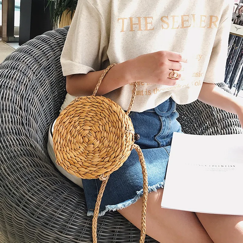 Женская тканая ручная Круглая Бумажная веревочная сумка маленькая соломенная