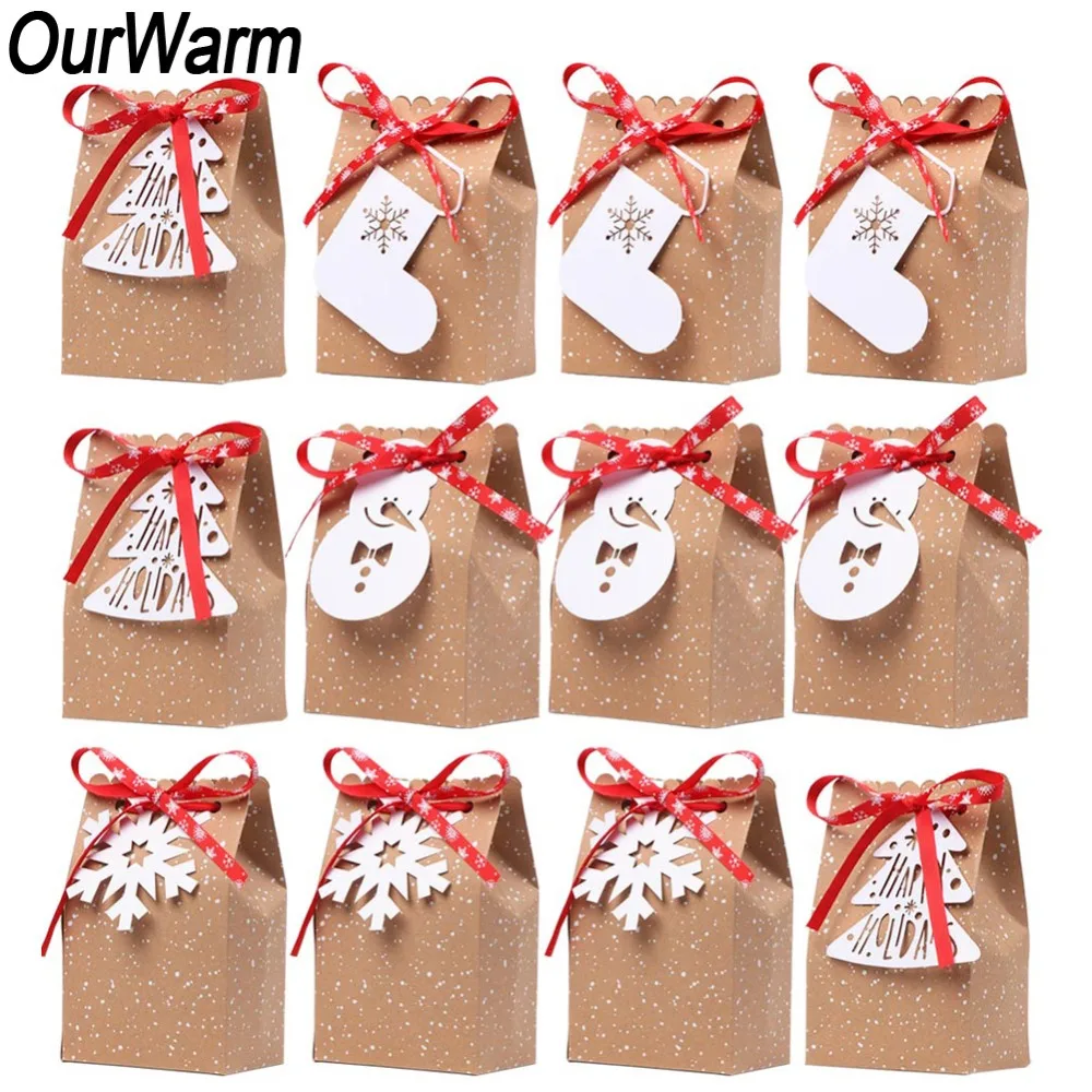 

OurWarm 12Pcs Christmas Kraft Gift Box Xmas Party Favor Bags New Year Kraft Paper Candy Box with Snowflake Tags Xmas Party Decor