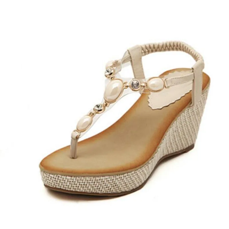 Женские босоножки со стразами туфли на танкетке 8 см с бусинами высоком каблуке
