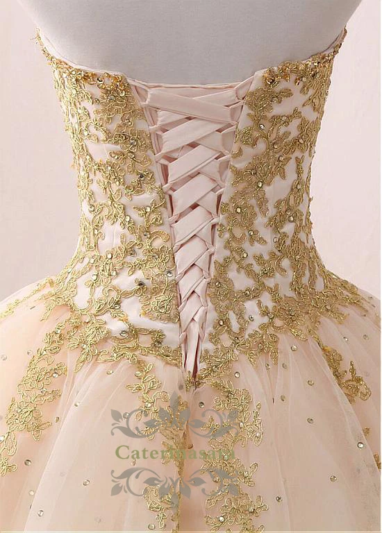 

Sweetheart Sleeveless Ball Gown Wedding Dresses Gold Lace Appliques Puffy Skirt Bride Gowns Floor Length Bridal Dress
