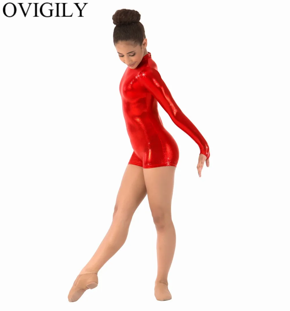 Red OVIGILY/Детские слитные металлические бикетарды с отверстиями для большого пальца; золотые гимнастические трико для девочек; короткие спортивные костюмы; танцевальные костюмы для сцены - Цвет: Red