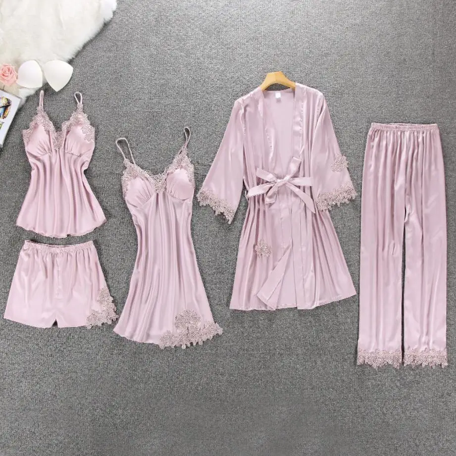 Для женщин пижамы 5 шт. атлас Pijama шелковые Домашняя одежда дома вышивка сна Lounge Пижама с нагрудники 999