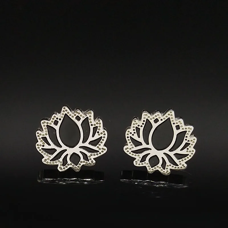Fashion Black Enamel Stainless Steel Earrings for Women Small Lotus Stud Earring Jewelry boucle d'oreille fantaisie E1329S02 | Украшения