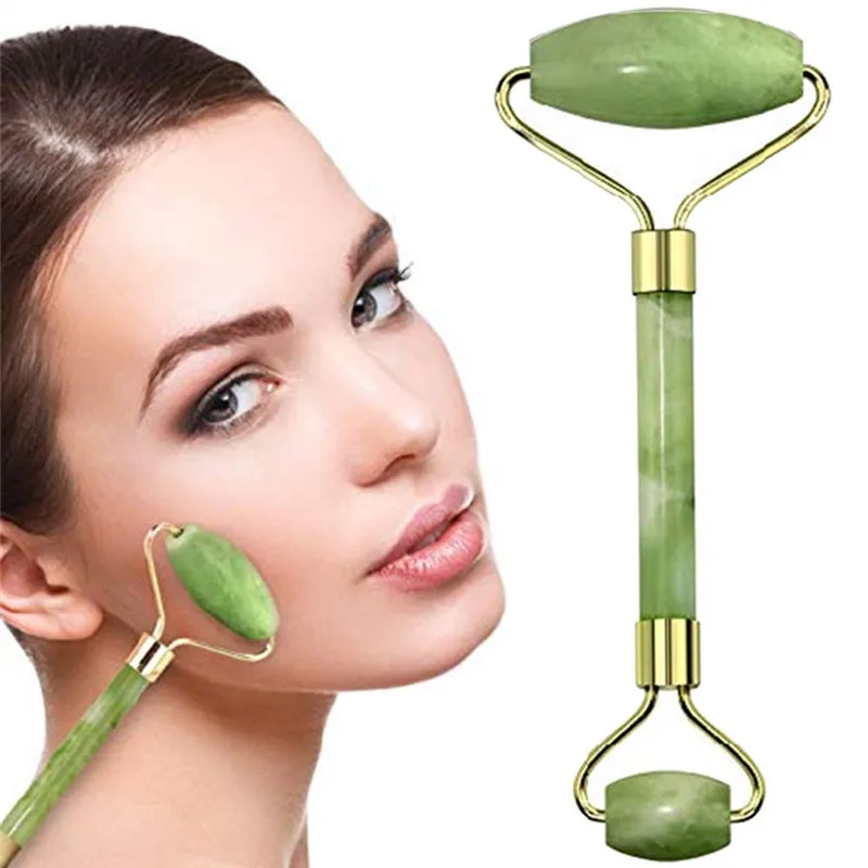 Green Roller Розовый кристаллический камень нефритовый ролик Набор Массаж подтяжка лица роликовый лицевой массажер для похудения натуральный кварцевый камень инструмент для массажа шеи - Цвет: Green Roller