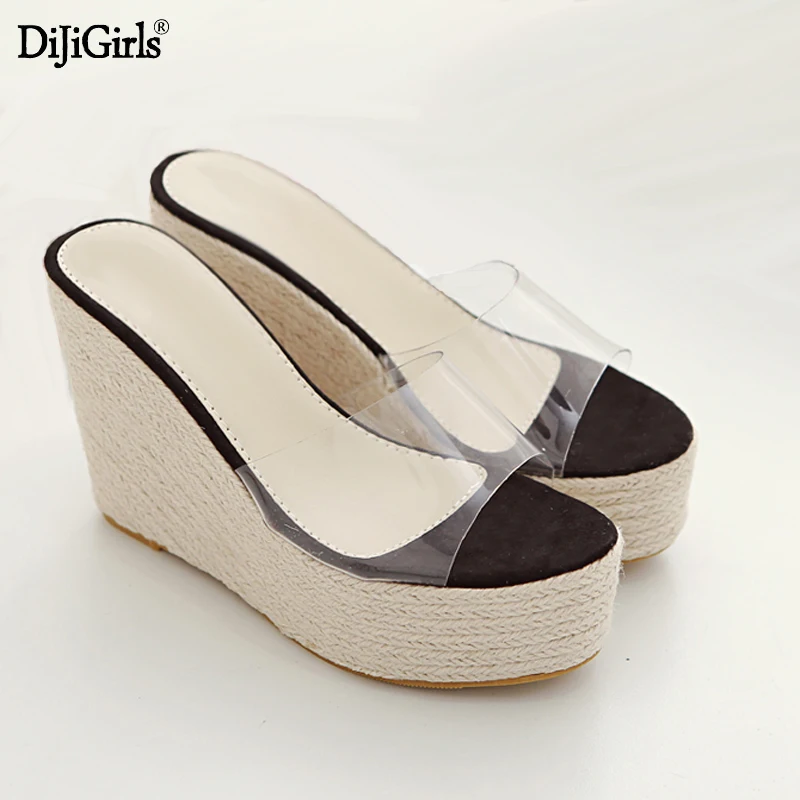 Летние прозрачные шлепанцы модные льняные плетеные туфли на танкетке женские